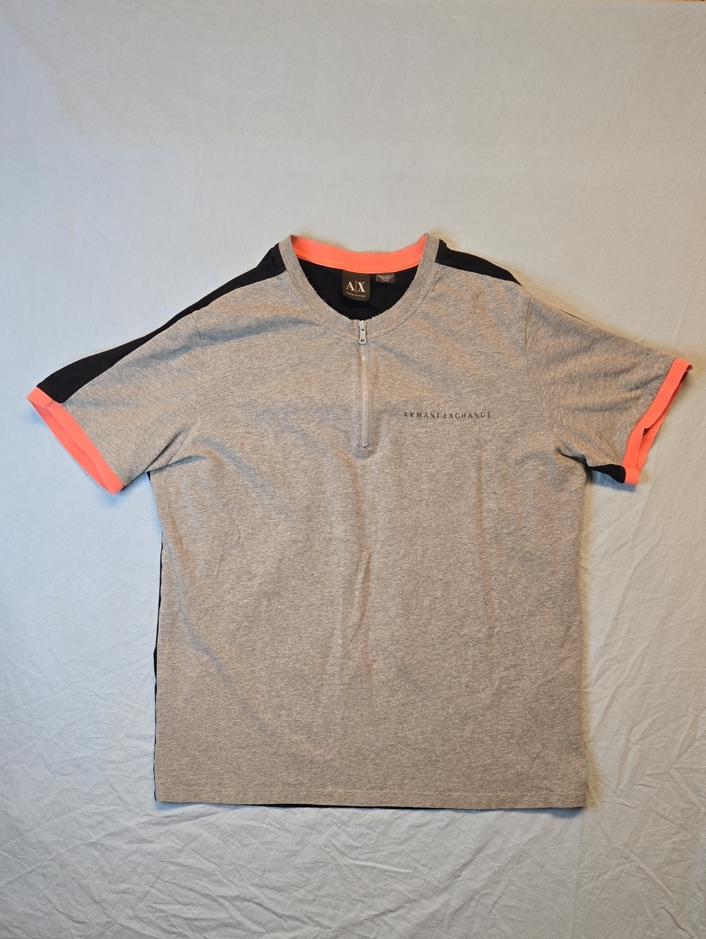 Armani Exchange Gray & Blue Short Sleeve 1/4 Zip T-Shirt with Coral Accents